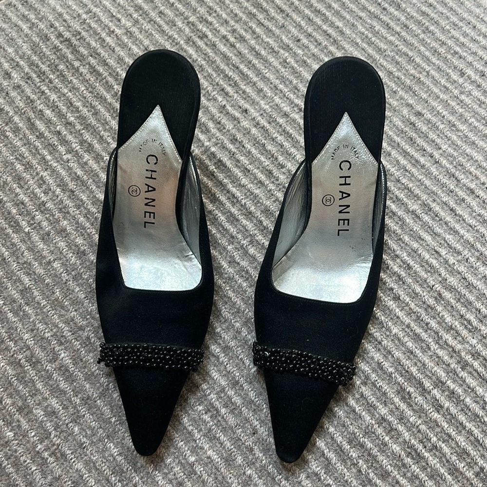 Chanel Satin kitten heels with bead detail